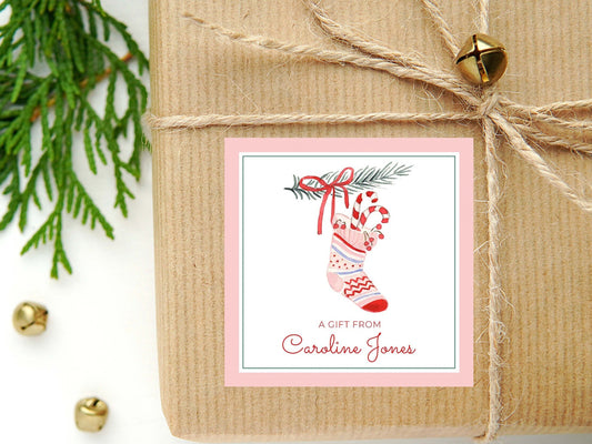 Personalized Watercolor Stocking Calling Card or Sticker | Pink Christmas Enclosure Card | Girl Square Gift Tag and Stickers
