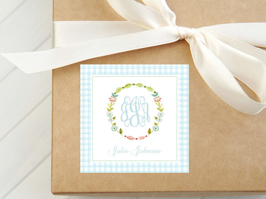 Personalized Monogram Floral Wreath Calling Card, Blue Girl Enclosure Card, Square Gift Tag