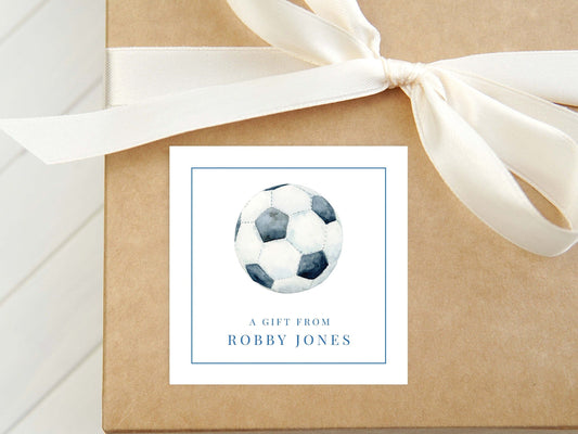 Personalized Watercolor Soccer Calling Card, Boy Soccer Ball Enclosure Card, Square Sports Gift Tag
