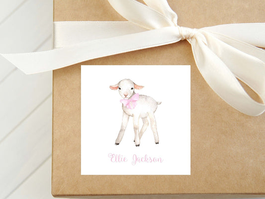 Personalized Lamb Calling Card, Girl Bow Enclosure, Square Gift Tag
