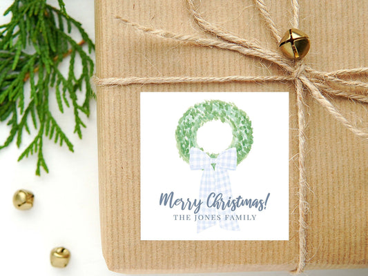 Personalized Watercolor Christmas Calling Card or Sticker | Wreath Bow Enclosure Card | Family Square Gift Tag and Stickers