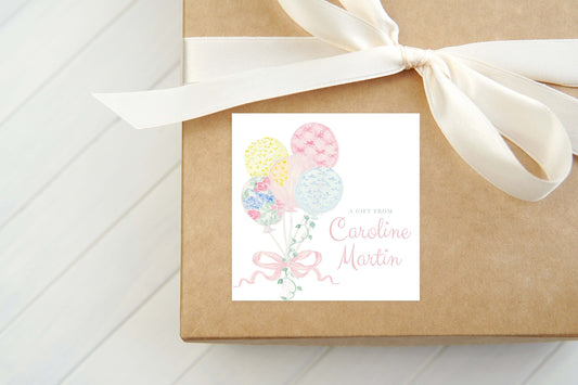 Personalized Watercolor Happy Birthday Calling Card, Balloons Enclosure Card, Child Birthday Gift Sticker