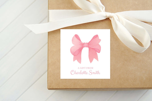 Personalized Watercolor Pink Bow Calling Card, Bow Girl Enclosure Card, Baby Gift Tag