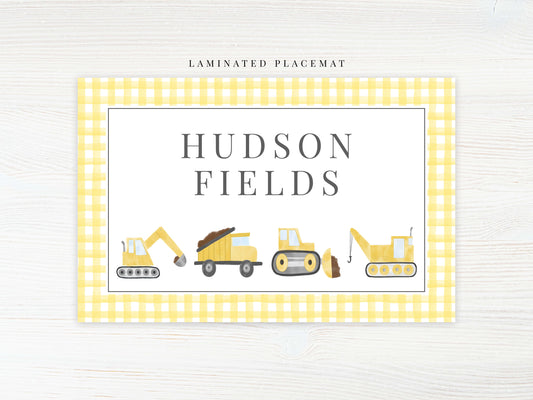 Personalized Watercolor Construction Placemat, Laminated Gingham Boy Placemat