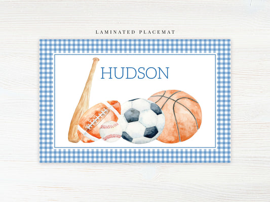 Personalized Watercolor Sports Placemat, Laminated Gingham Boy Placemat