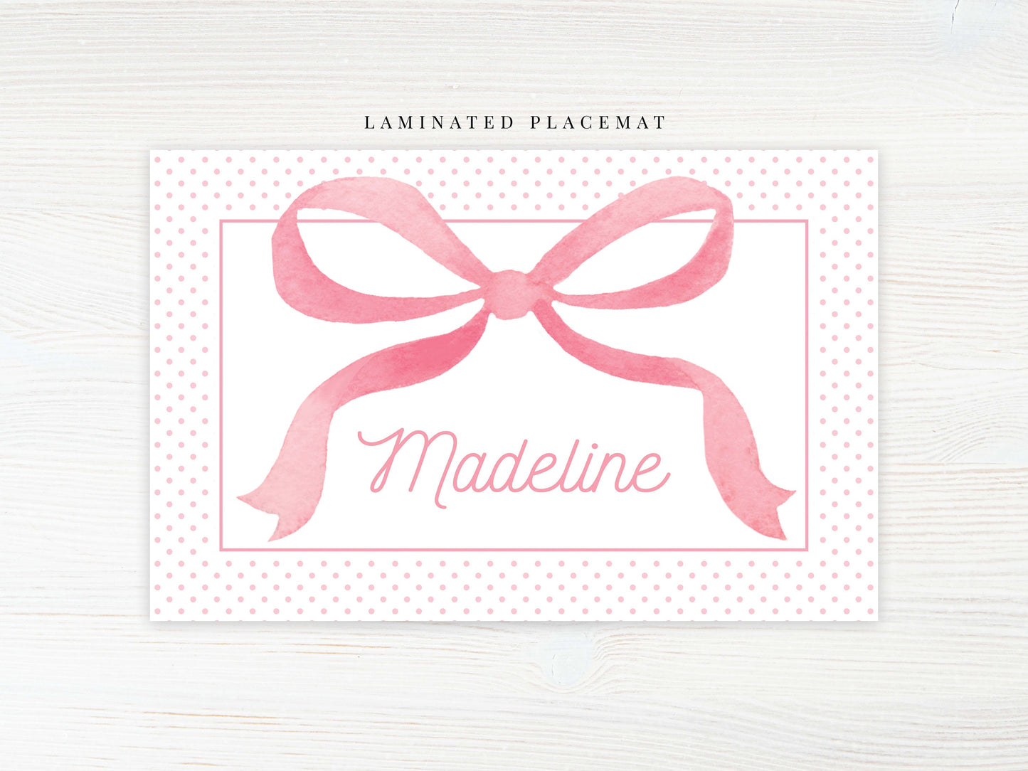 Personalized Watercolor Bow Placemat, Laminated Pink Girl Placemat