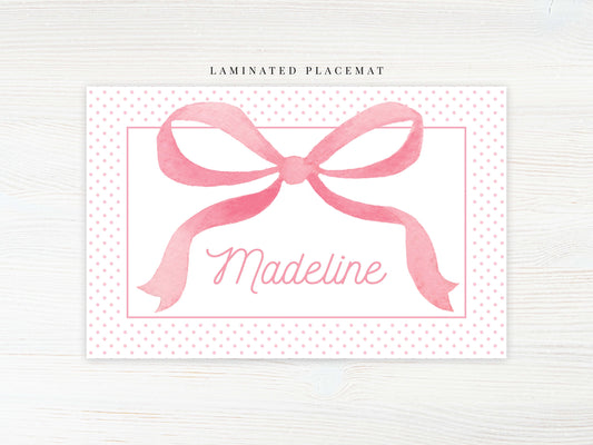 Personalized Watercolor Bow Placemat, Laminated Pink Girl Placemat