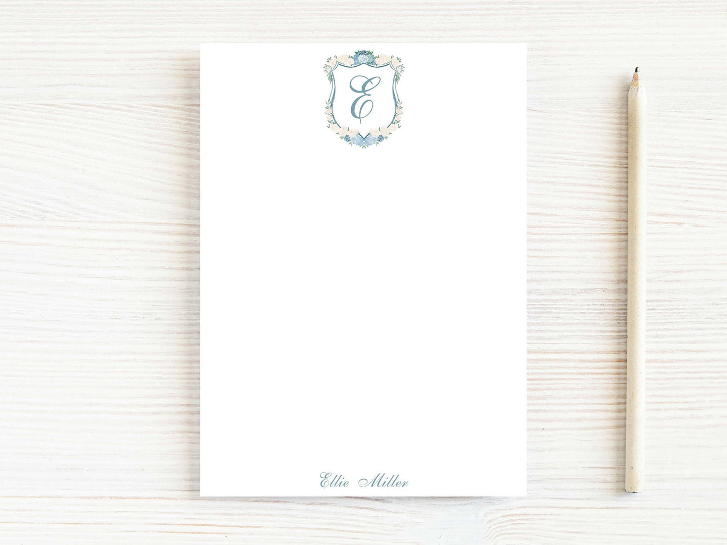 Personalized 5.5X5.5 or 5X7 Watercolor Hydrangea Crest Notepad, Floral Women Initial Note