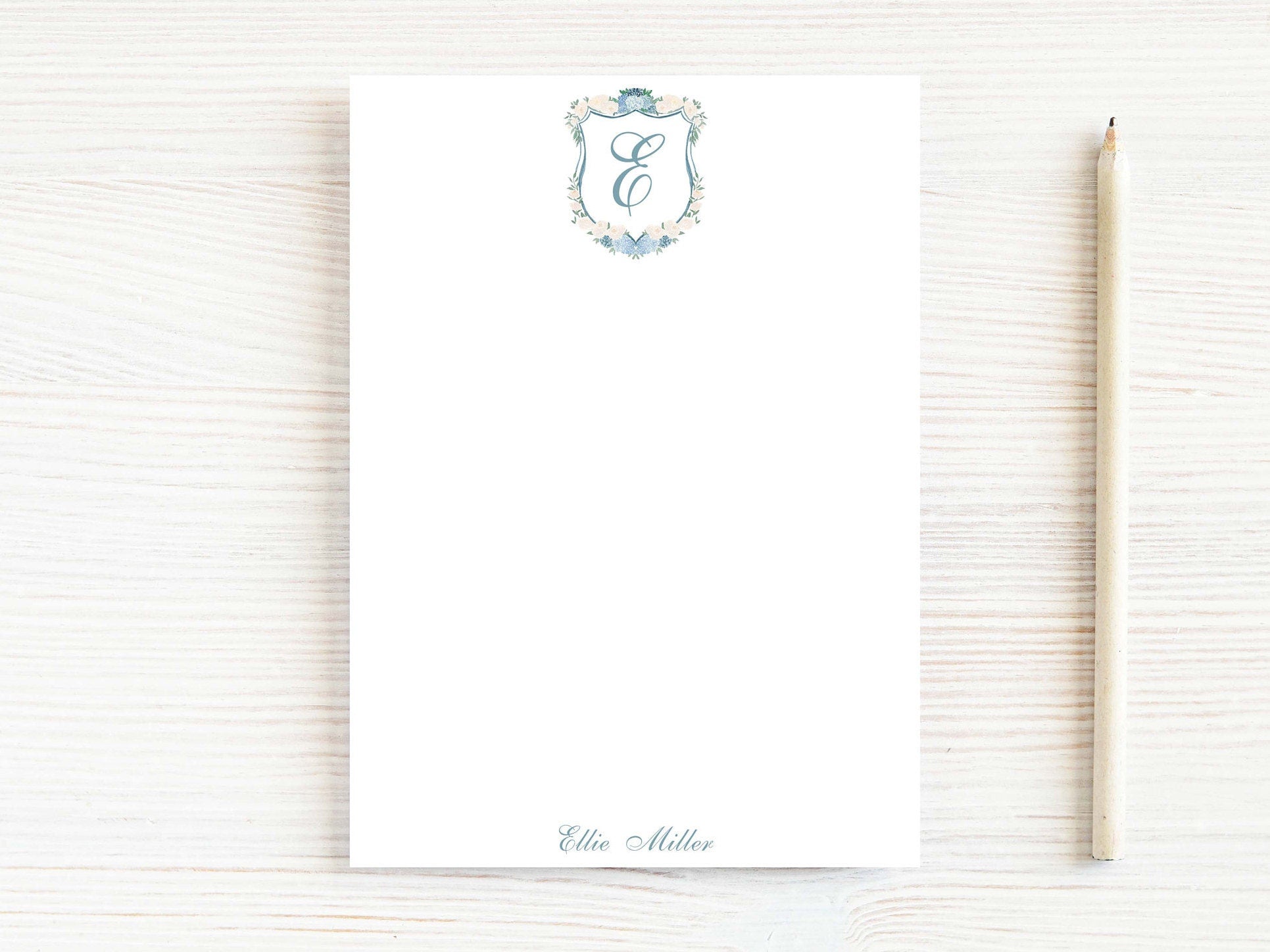 Personalized 5.5X5.5 or 5X7 Watercolor Hydrangea Crest Notepad, Floral Women Initial Note