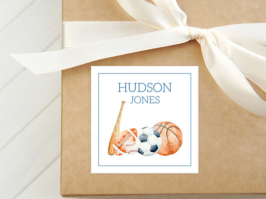Personalized Watercolor Sports Calling Card, Boy Ball Enclosure Card, Square Sports Gift Tag