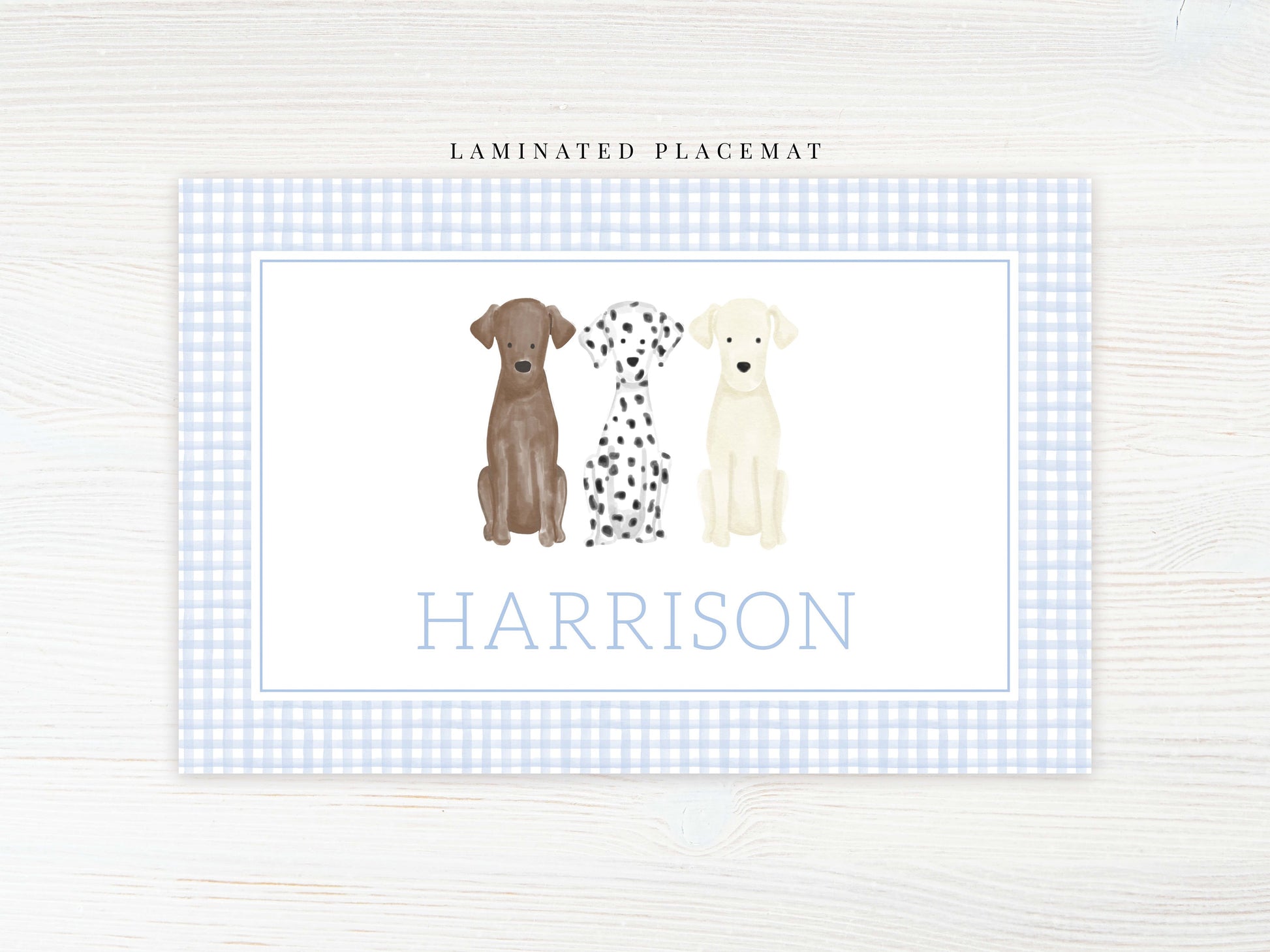 Personalized Watercolor Dog Placemat, Laminated Gingham Boy Placemat