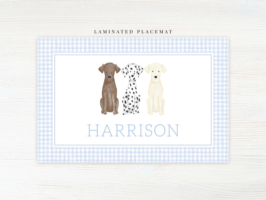 Personalized Watercolor Dog Placemat, Laminated Gingham Boy Placemat