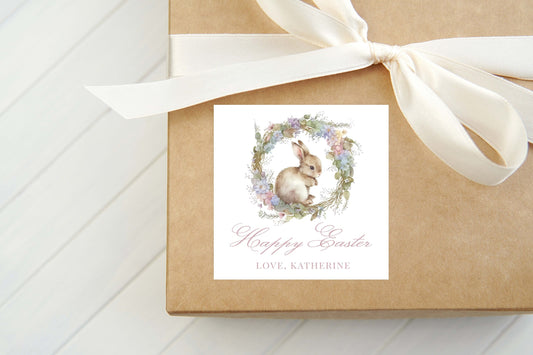 Personalized Bunny Wreath Calling Card, Easter Rabbit Square Gift Tag or Sticker