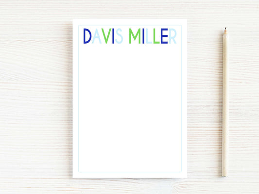 Personalized 5.5X5.5 or 5X7 Colorful Block Letters Notepad, Blue Green Men Boy Notes