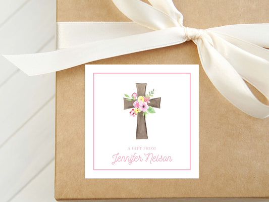 Personalized Watercolor Cross Calling Card, Floral Women Enclosure Card/Gift Tag/Sticker