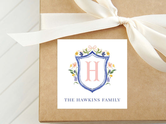 Personalized Watercolor Floral Crest Calling Card, Monogram Gift Tag/Sticker
