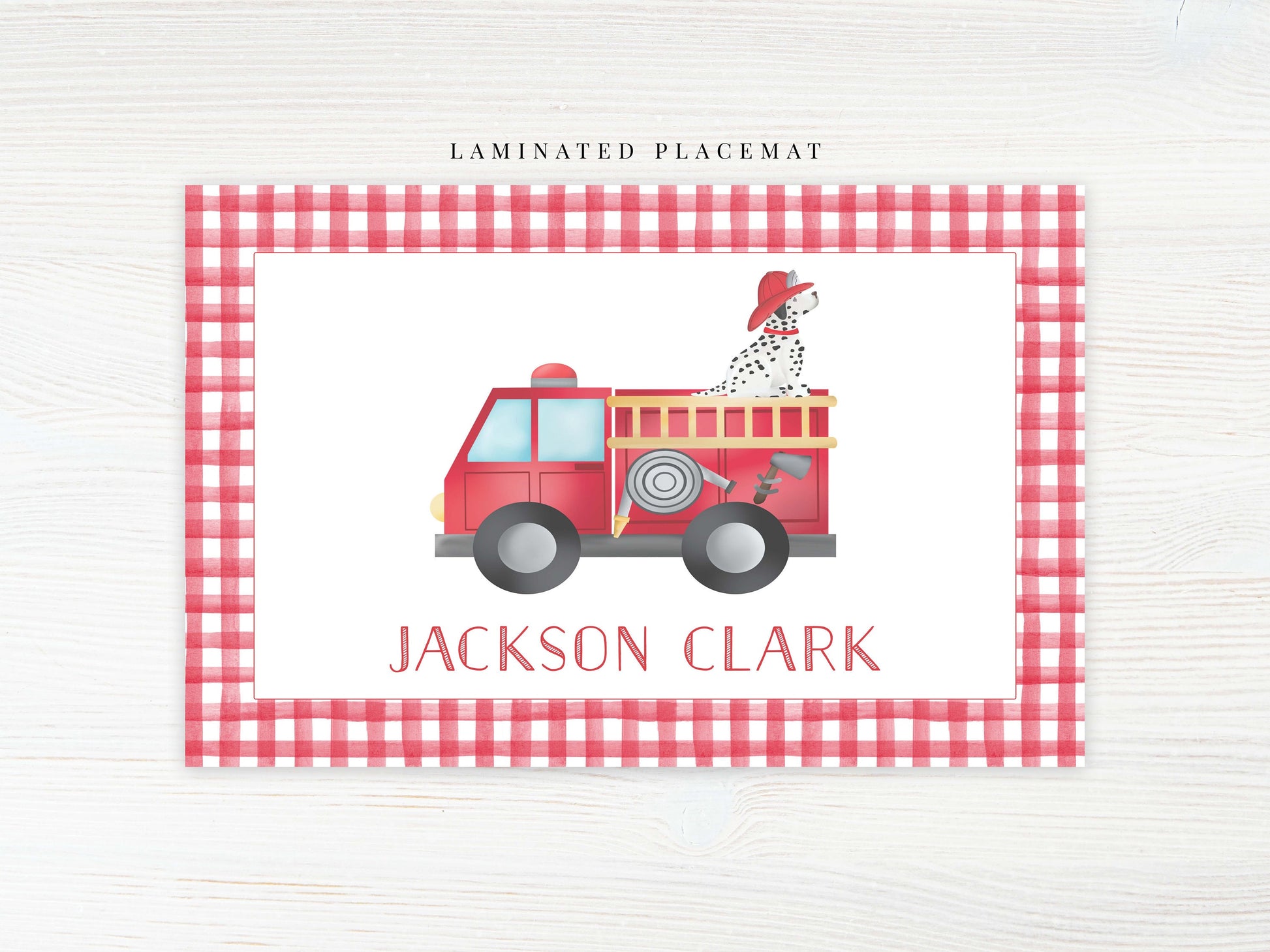 Personalized Firetruck Dalmation Placemat, Laminated Gingham Boy Placemat