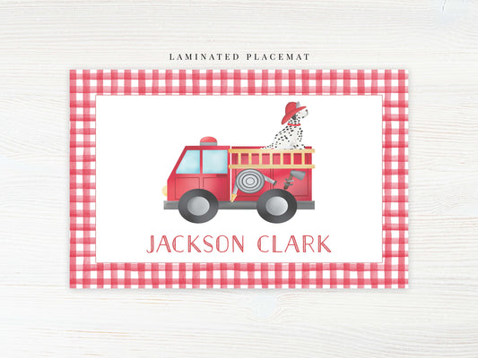 Personalized Firetruck Dalmation Placemat, Laminated Gingham Boy Placemat