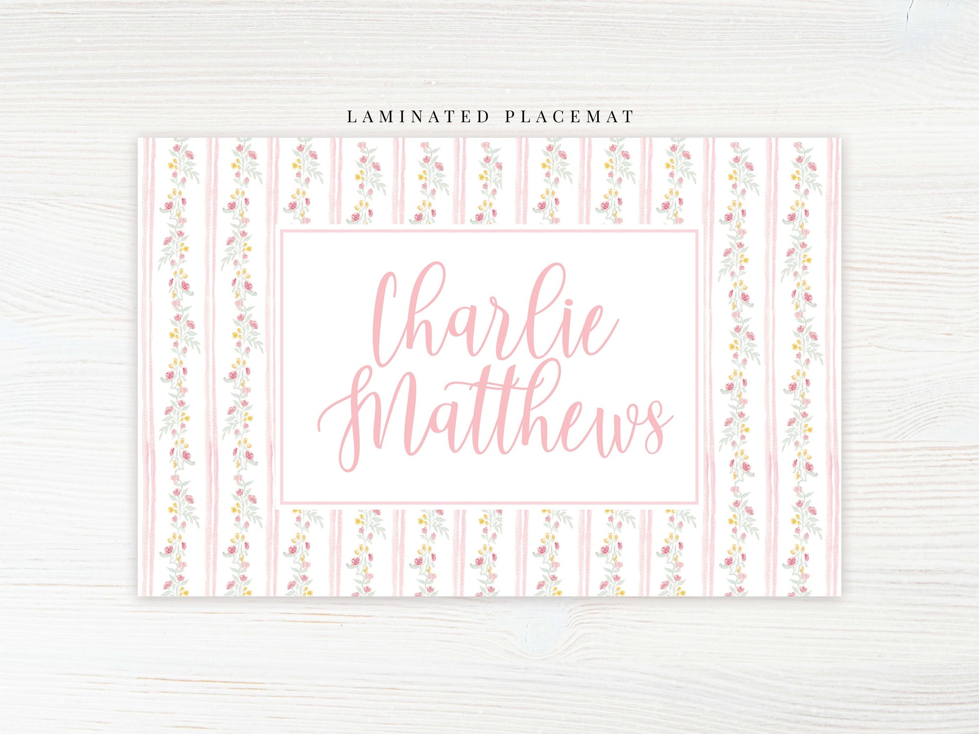 Personalized Watercolor Floral Placemat, Laminated Pink Girl Placemat