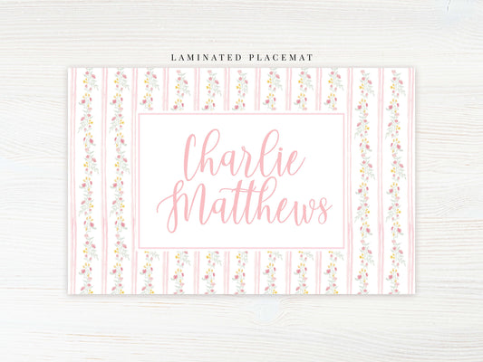 Personalized Watercolor Floral Placemat, Laminated Pink Girl Placemat