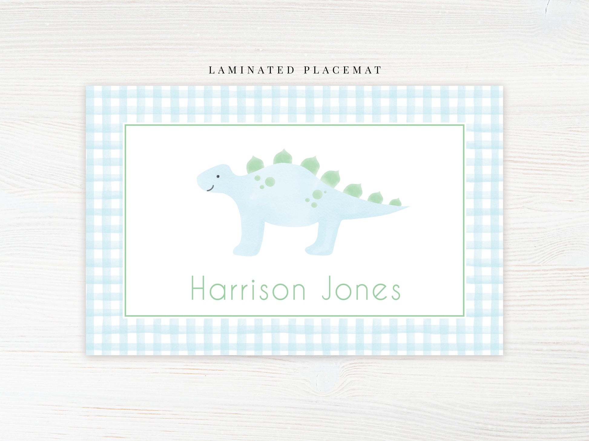 Personalized Watercolor Dinosaur Placemat, Laminated Gingham Boy Placemat