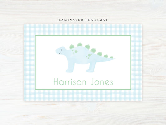 Personalized Watercolor Dinosaur Placemat, Laminated Gingham Boy Placemat