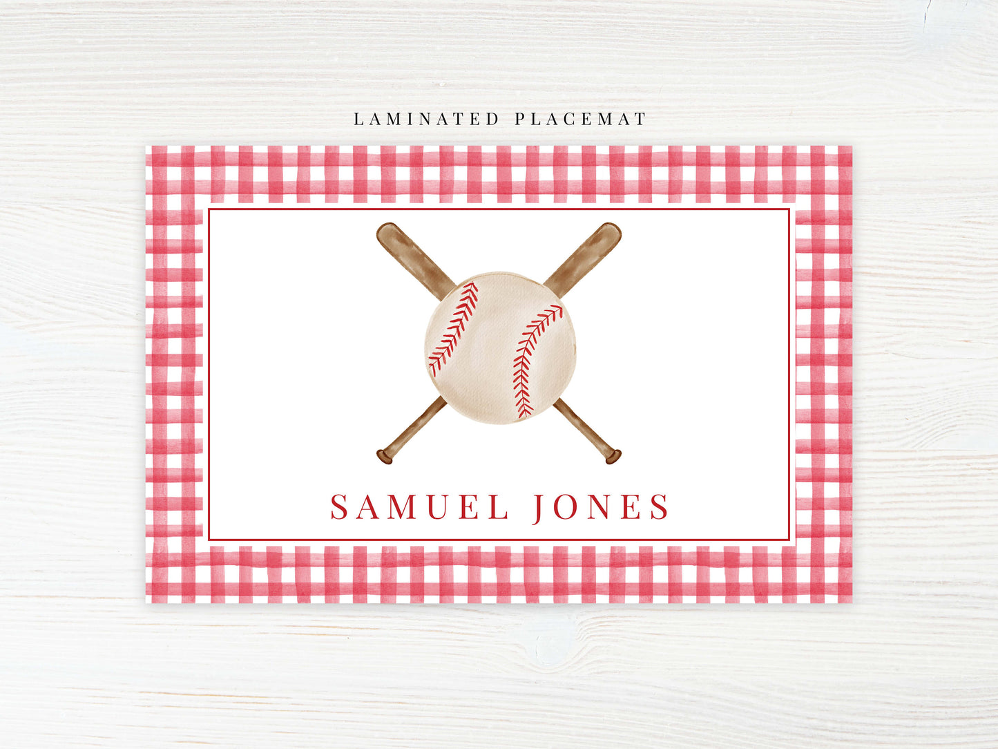 Personalized Watercolor Baseball Placemat, Laminated Gingham Boy Placemat
