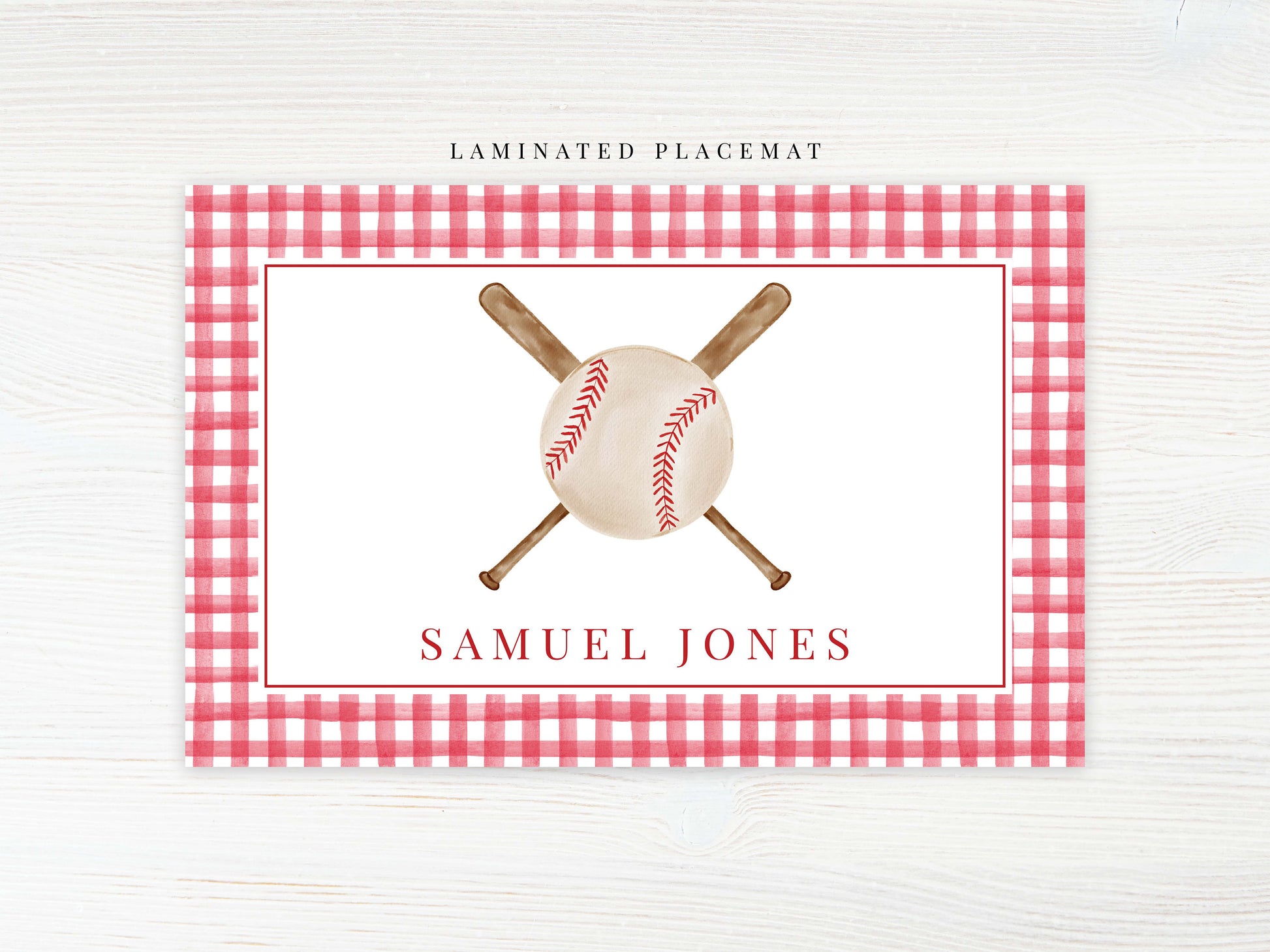 Personalized Watercolor Baseball Placemat, Laminated Gingham Boy Placemat