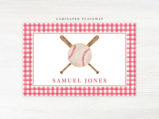 Personalized Watercolor Baseball Placemat, Laminated Gingham Boy Placemat