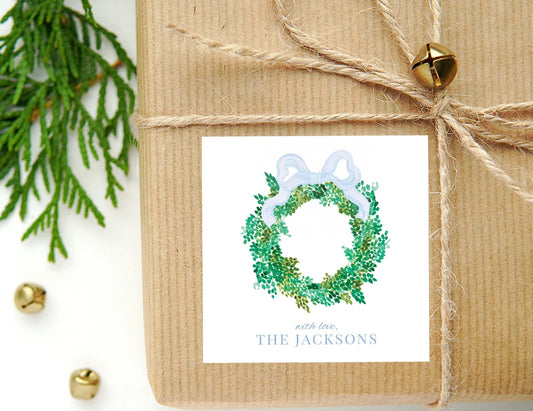 Personalized Watercolor Wreath Christmas Calling Card or Sticker | Blue Wreath Bow Card | Family Initial Square Gift Tag and Stickers