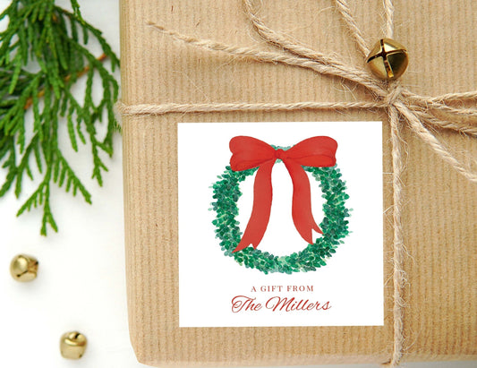 Personalized Watercolor Christmas Wreath Calling Card or Sticker | Red Bow Enclosure Card | Family Initial Square Gift Tag and Stickers