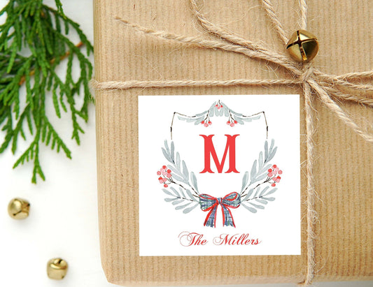 Personalized Watercolor Christmas Crest Calling Card or Sticker | Enclosure Card | Family Square Gift Tag and Stickers