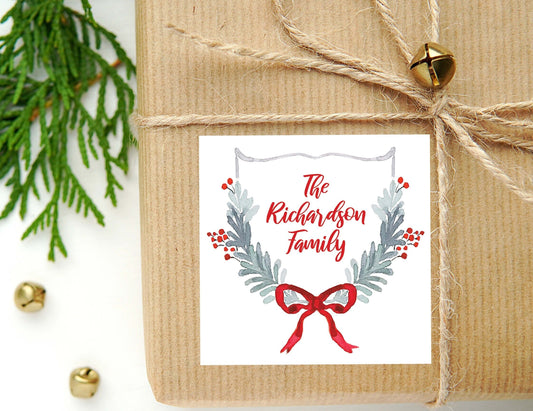 Personalized Watercolor Christmas Crest Calling Card or Sticker | Enclosure Card | Family Square Gift Tag and Stickers
