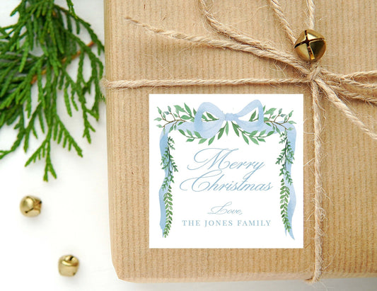 Personalized Watercolor Garland Calling Card or Sticker | Christmas Enclosure Card | Family Square Gift Tag and Stickers