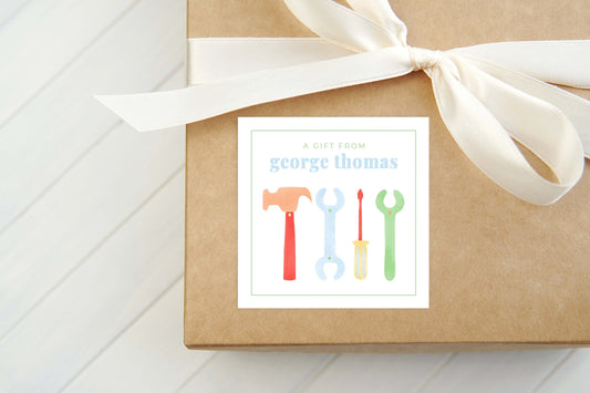Personalized Watercolor Tools Calling Card, Boy Enclosure Card, Square Gift Tag