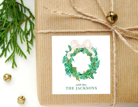 Personalized Watercolor Wreath Christmas Calling Card or Sticker | Tan Bow Enclosure Card | Family Initial Square Gift Tag and Stickers