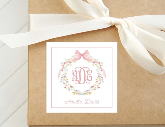 Personalized Watercolor Pink Bow Wreath Monogram Calling Card, Monogram Enclosure Card, Girl Gift Tag