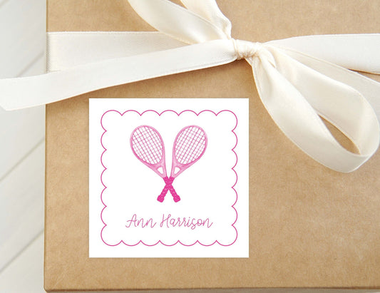 Personalized Pink Watercolor Tennis Gift Tag, Girl Enclosure Card, Square Calling Card