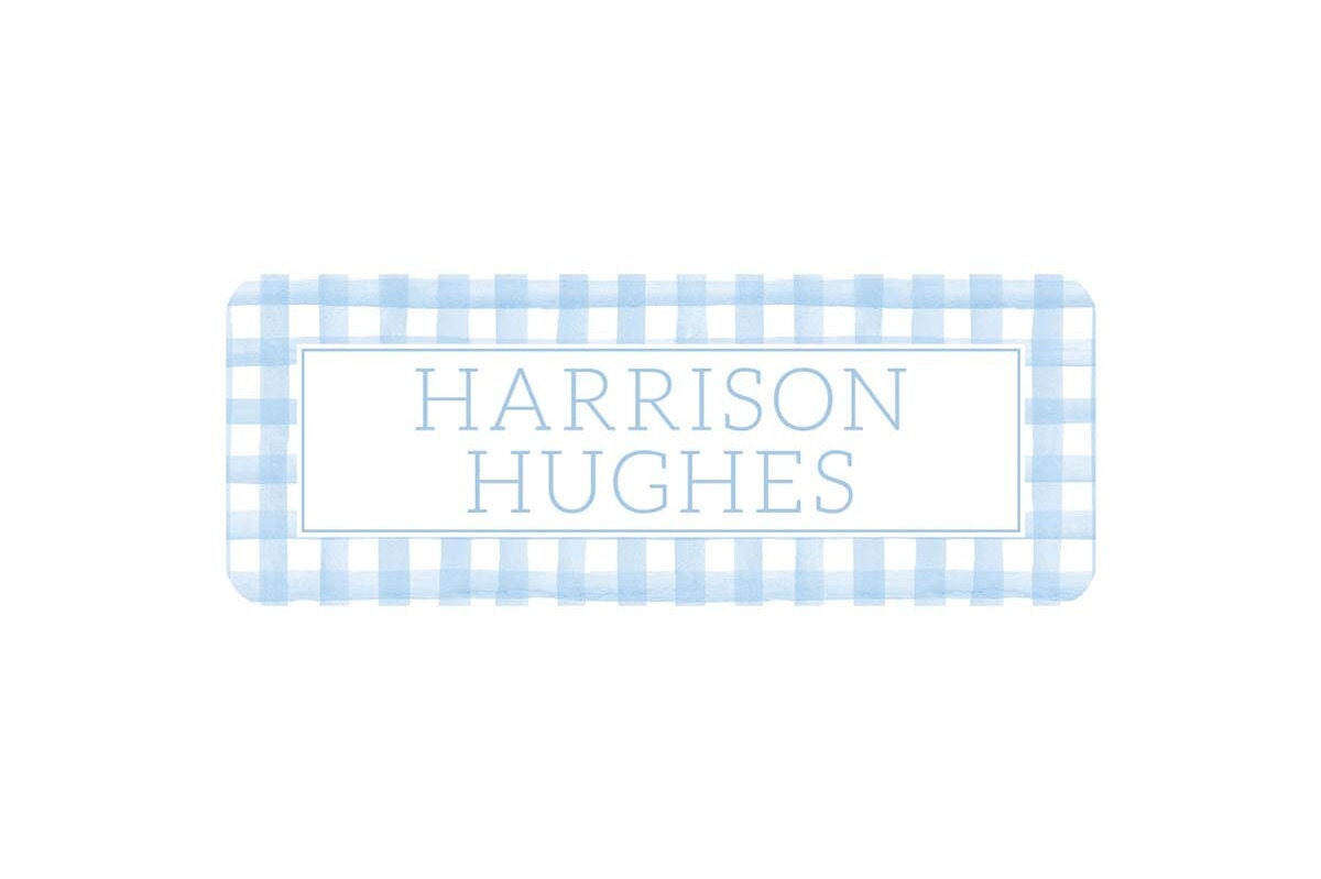 Personalized Vinyl Light Blue Gingham Name Labels | *NOT Dishwasher Safe*