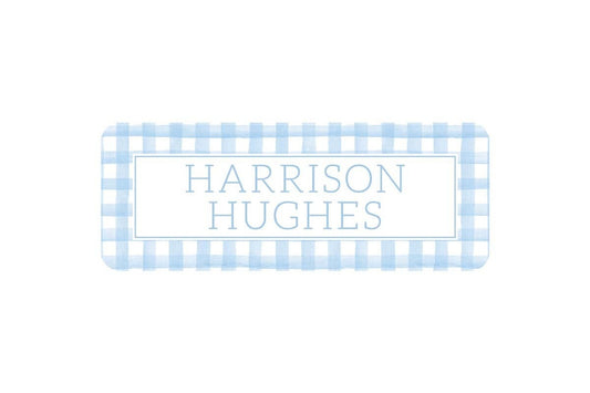 Personalized Vinyl Light Blue Gingham Name Labels | *NOT Dishwasher Safe*