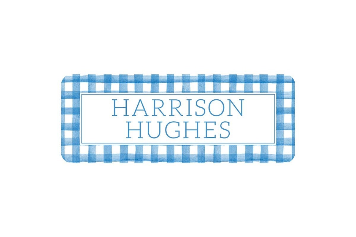 Personalized Vinyl Blue Gingham Name Labels | *NOT Dishwasher Safe*