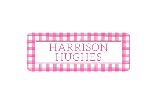 Personalized Vinyl Pink Gingham Name Labels | *NOT Dishwasher Safe*