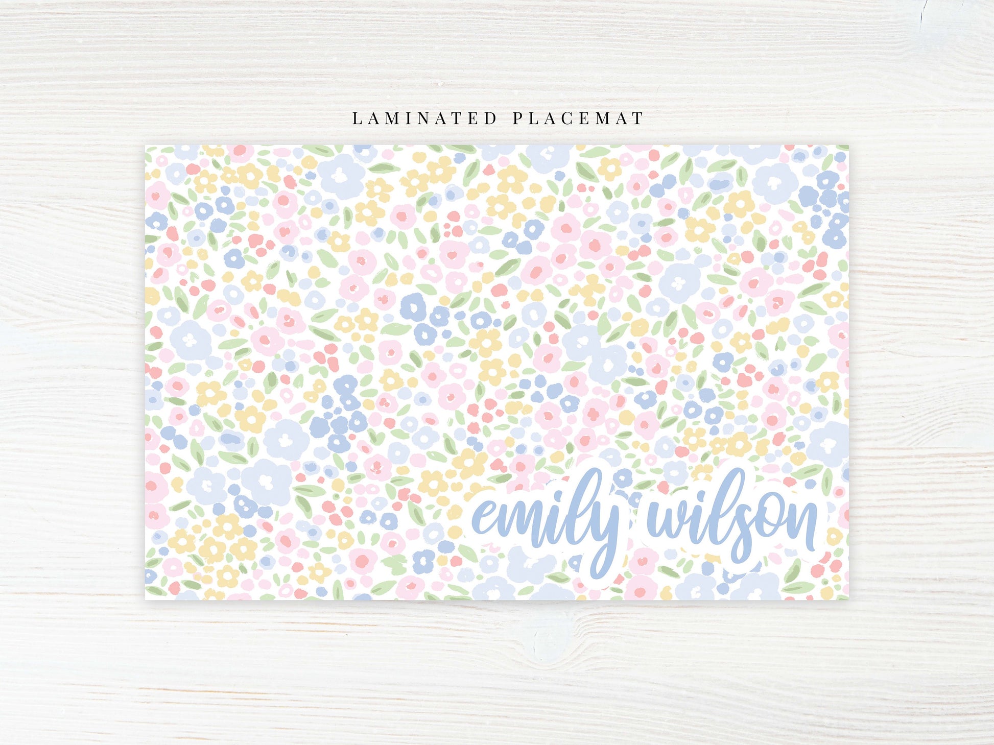 Personalized Watercolor Floral Placemat, Laminated Pink Blue Girl Placemat