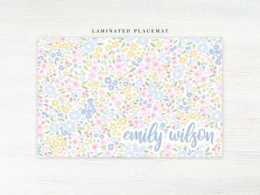 Personalized Watercolor Floral Placemat, Laminated Pink Blue Girl Placemat