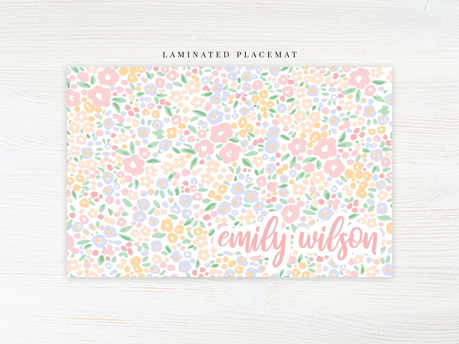Personalized Watercolor Floral Placemat, Laminated Pink Girl Placemat