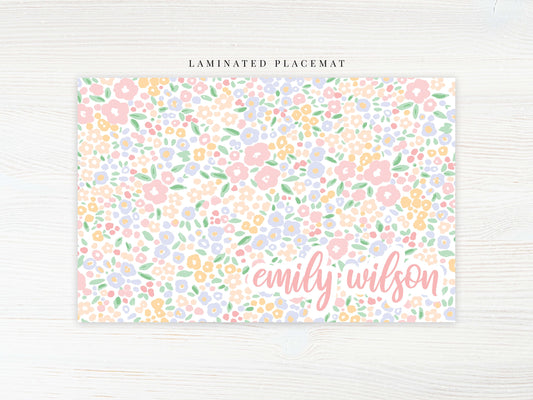 Personalized Watercolor Floral Placemat, Laminated Pink Girl Placemat