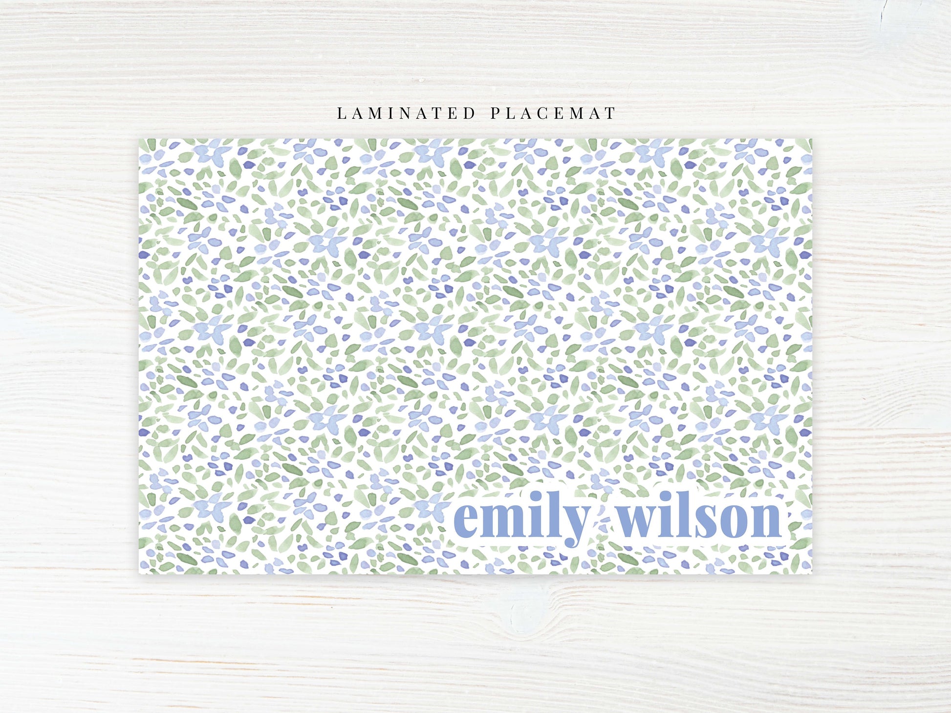 Personalized Watercolor Floral Placemat, Laminated Blue Green Floral Placemat