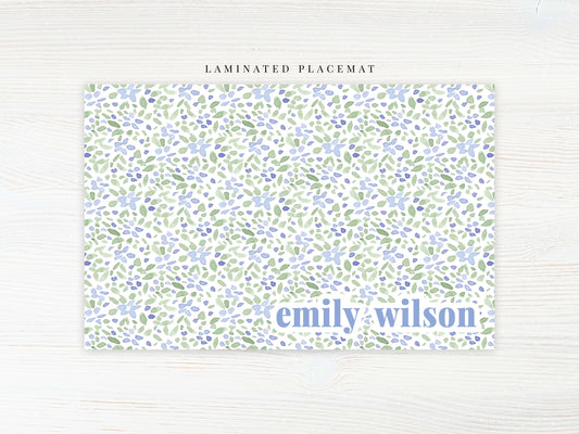 Personalized Watercolor Floral Placemat, Laminated Blue Green Floral Placemat