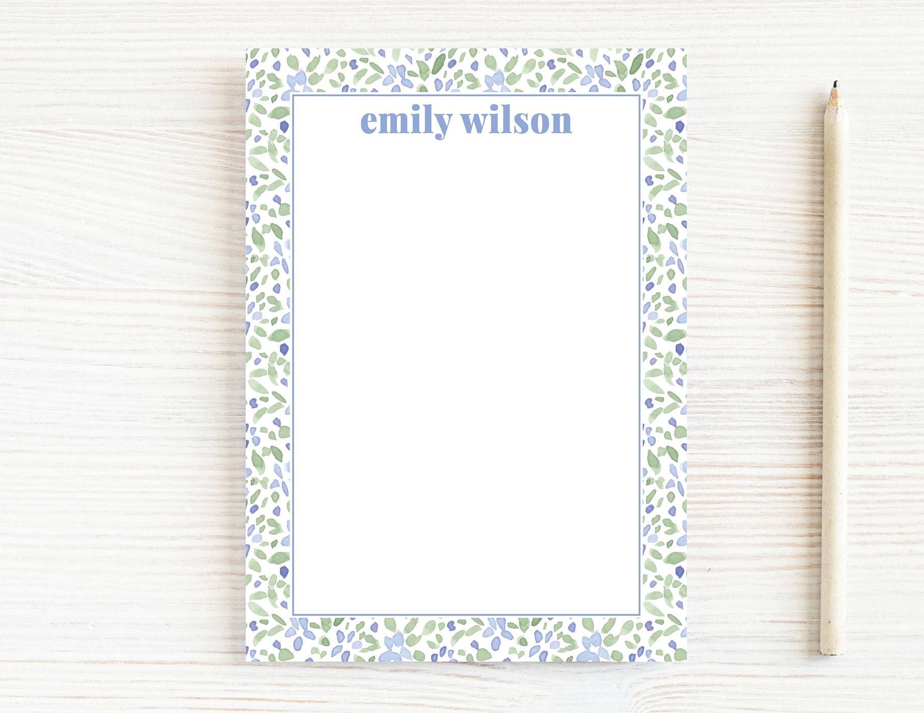Personalized 5.5X5.5 or 5X7 Watercolor Blue Green Floral Notepad, Flower Women Note