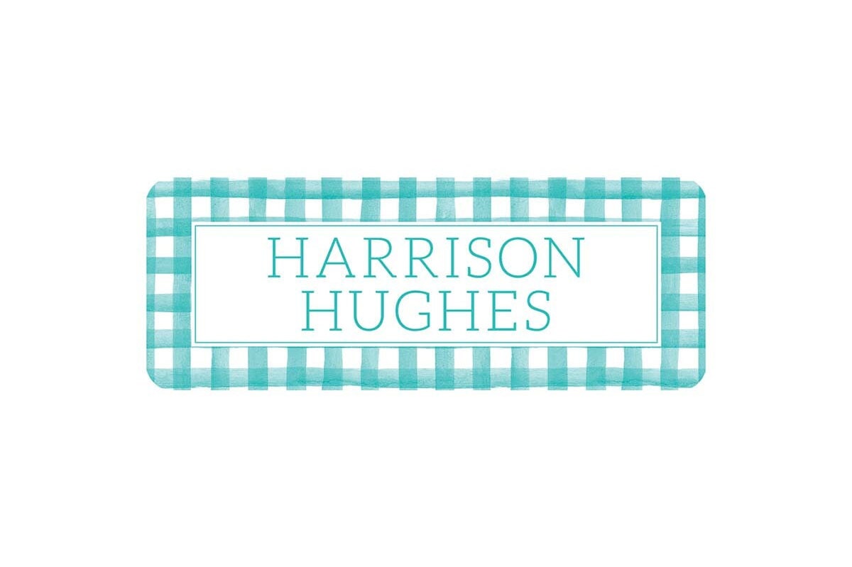 Personalized Vinyl Teal Gingham Name Labels | *NOT Dishwasher Safe*